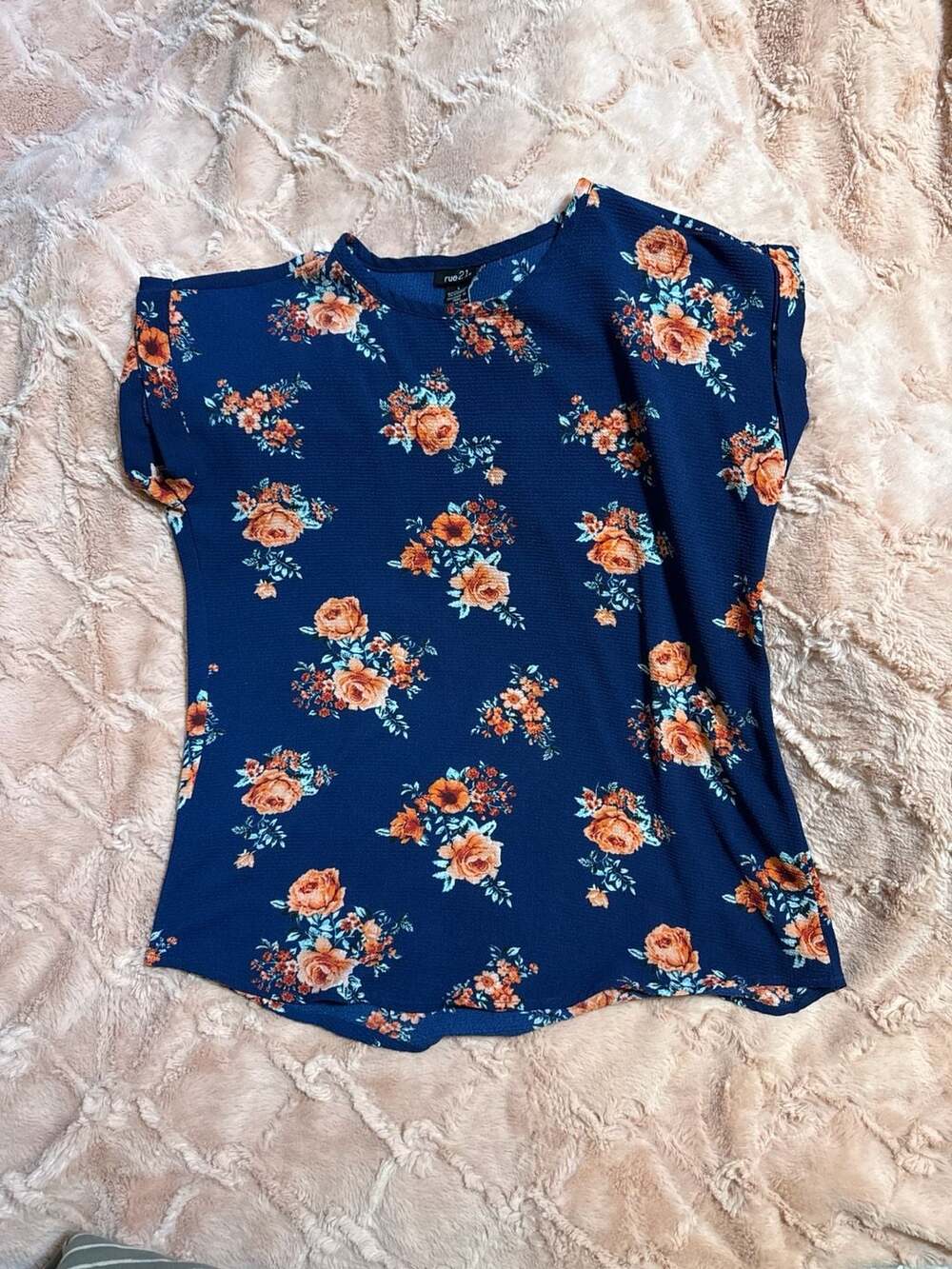 rue21 Navy Blue & Orange Floral Textured Short Sleeve Top, Size L